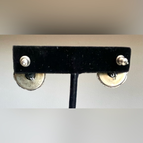 Vintage Floral Button Earrings Black Purple Rose Silver Tone Converted Studs EUC - Picture 5 of 9